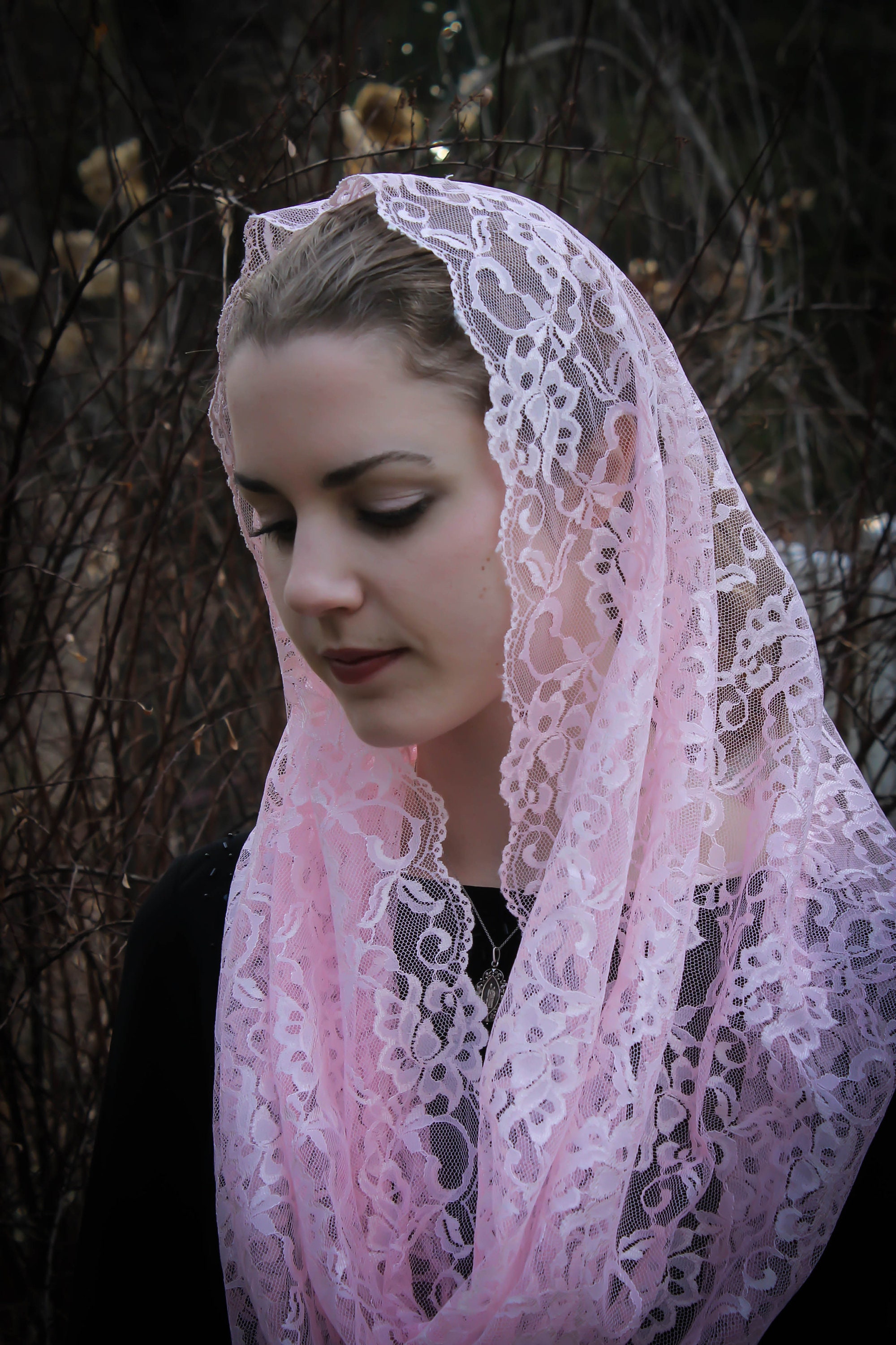 Evintage Veils Queen of Peace Shell Pink Embroidered Lace Chapel Veil