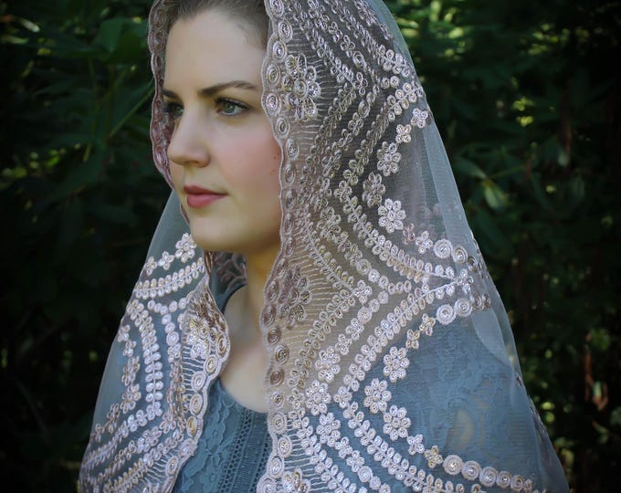 Evintage Veils~ READY TO SHIP  Rose & Gold D Veil Embroidered  Lace Chapel Veil Mantilla