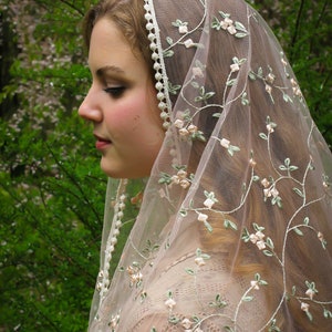 May include: A sheer, ivory-colored veil with delicate floral embroidery in pale pink and green. The veil is trimmed with a beaded edge and drapes over the head and shoulders. The background is a soft, blurred green.