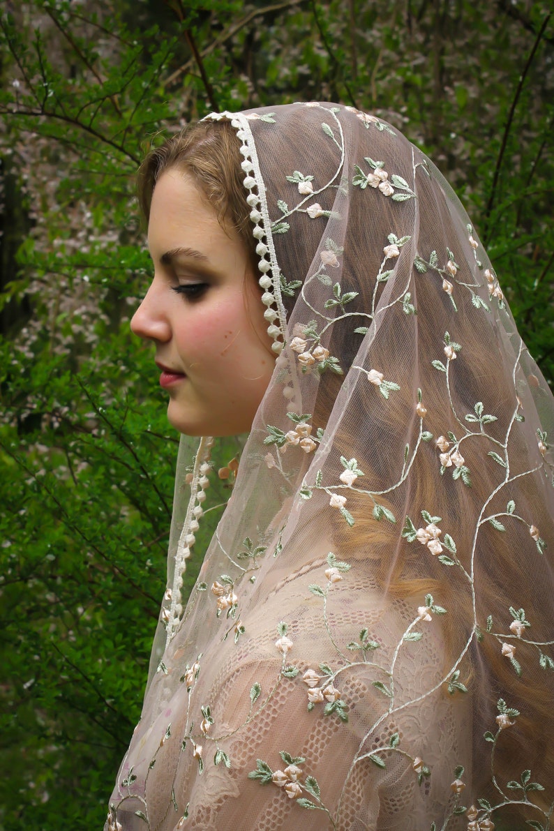 May include: A sheer, ivory-colored veil with delicate floral embroidery in pale pink and green. The veil is trimmed with a beaded edge and drapes over the head and shoulders. The background is a soft, blurred green.
