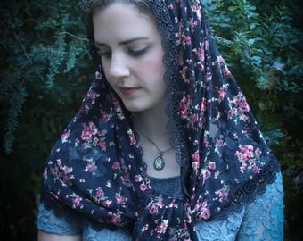 Evintage Veils~ Our Lady of the Fields" Red & Black Roses Chapel Veil Mantilla Wrap Veil