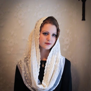 Evintage Veils READY TO SHIP Stella Maris Ivory or Black Wrap-Style Chapel Veil Mantilla Latin Mass image 9