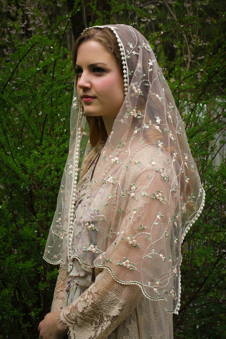 May include: A sheer, beige veil with delicate floral embroidery and a scalloped edge. The veil is adorned with small, white pearl-like beads along the border. The design features embroidered flowers in shades of pink and green.