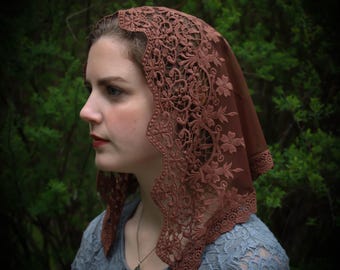 Evintage Veils~ Traditional Soft Lace French Chapel Veil Soft Brown Mantilla: Mini Triangle