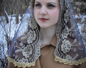Evintage Veils~ Our Lady of Guadalupe Floral Gold & Navy Embroidered D Shaped Veil~  Soft and Light!