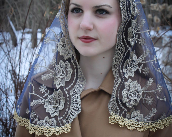 Evintage Veils~ Our Lady of Guadalupe Floral Gold & Navy Embroidered D Shaped Veil~  Soft and Light!