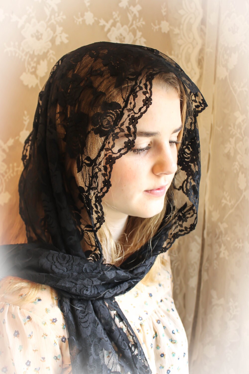 Evintage Veils: Soft Black French Lace Head Covering Chapel Veil ...