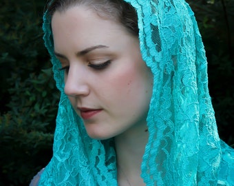 Evintage Veils~ READY TO SHIP Regina Caeli Jade  Embroidered Lace Chapel Veil Mantilla Infinity Veil Latin Mass