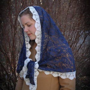 Evintage Veils~ READY TO SHIP Navy/White Floral Lace Chapel Veil Mantilla Wrap