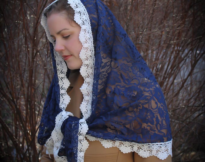 Evintage Veils~ READY TO SHIP Navy/White Floral Lace Chapel Veil Mantilla Wrap
