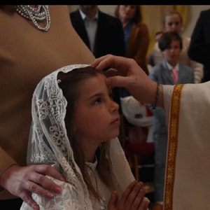 Puede incluir: Un velo de encaje blanco con intrincados bordados florales que lleva un ni&ntilde;o durante una ceremonia religiosa. La delicada tela cae sobre la cabeza y los hombros, presentando un borde festoneado y una base de malla fina con bordados detallados.