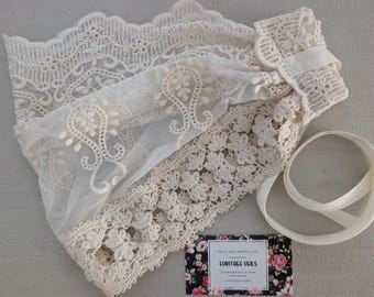 Evintage Veils~ Regina Caeli Antique Gold or Ivory Headwrap Embroidered Kerchief Tie-style Head Covering Church Veil