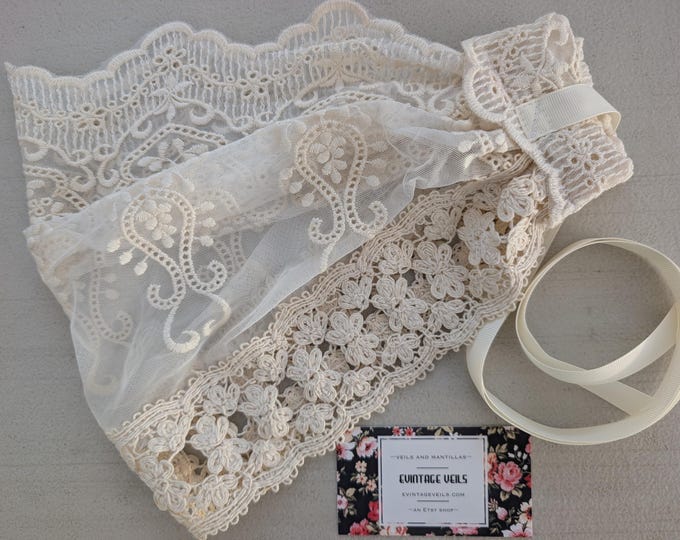 Evintage Veils~ Regina Caeli Antique Gold or Ivory Headwrap Embroidered Kerchief Tie-style Head Covering Church Veil