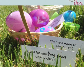 May include: A basket filled with colorful Easter eggs, each containing a small card with a fun activity or prize. The cards include phrases like "Choose a movie to stream or rent" and "Good for one free pass on any chore".