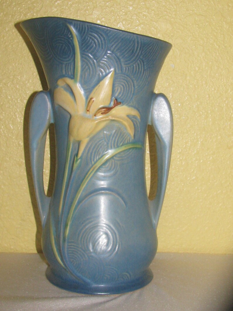 Vintage Roseville Pottery Zephyr Lily Blue Vase 9 5 Etsy