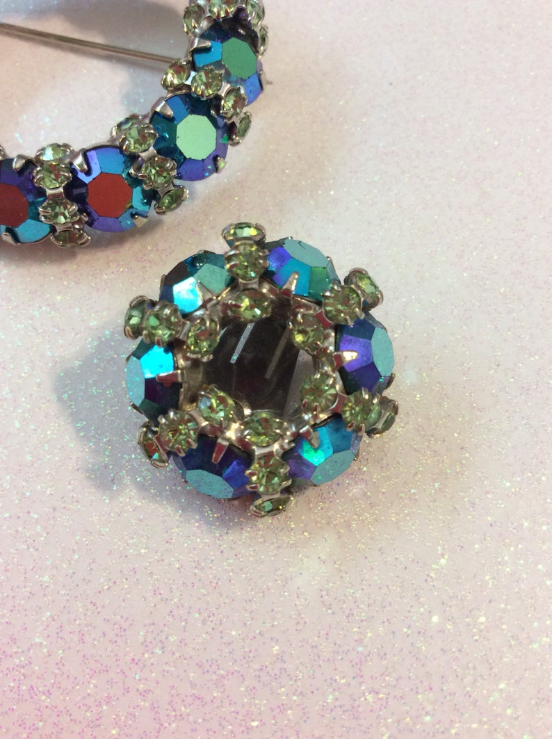 Vintage Signed Warner Aurora Borealis Pin and Earrings Set