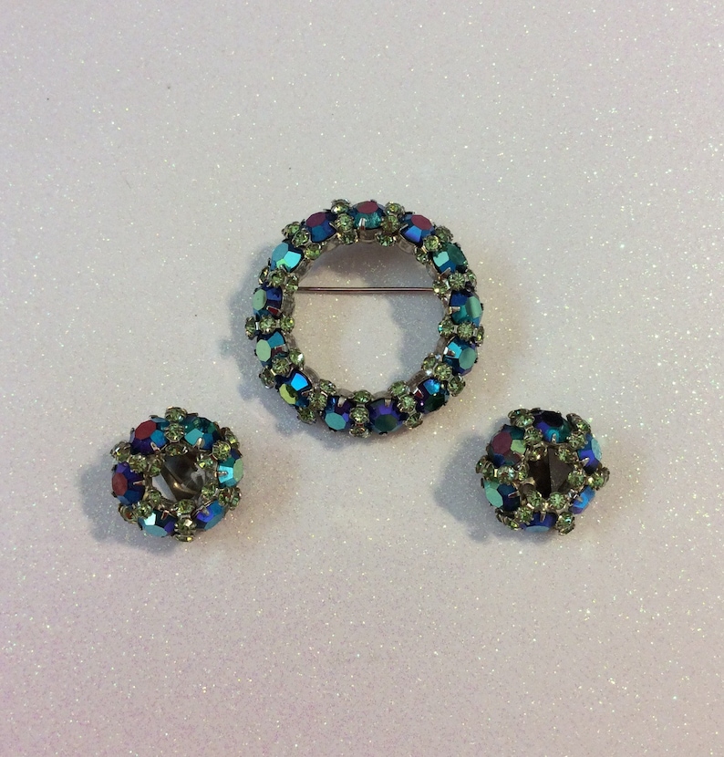 Vintage Signed Warner Aurora Borealis Pin and Earrings Set