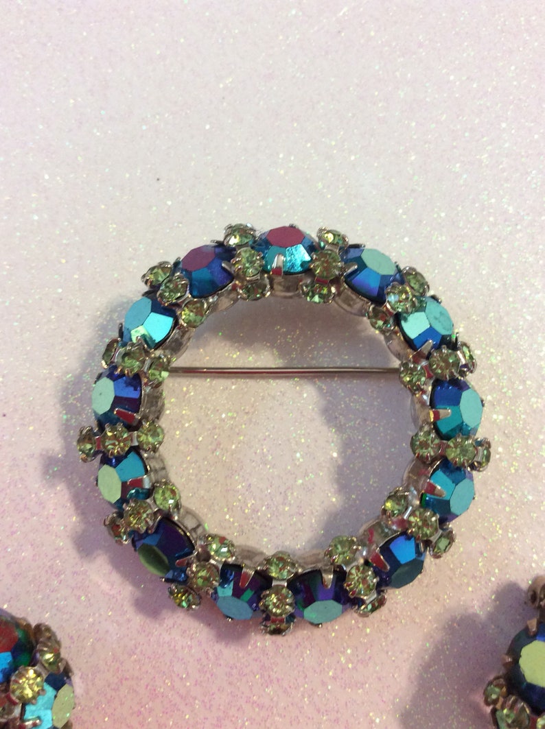 Vintage Signed Warner Aurora Borealis Pin and Earrings Set