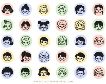 30 icônes d'avatar de personnage de dessin animé numérique Recolorable AI EPS Vector Set