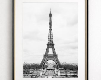 Impressão fotográfica em preto e branco da Torre Eiffel, Paris | Arte de parede para viagem | Fotografia minimalista francesa | Viagens pela Europa