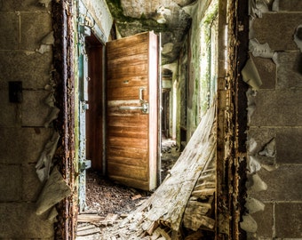 Abandoned Asylum Hallway, Broken Door.  Urbex, Urban Decay Photography