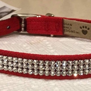 Dog Collar 3 Row Swarovski Crystal on Red Ultrasuede Crystal Dog Collar USA Made Collars  Brilliant Great Fit Small Dogs Bling Dog Collar