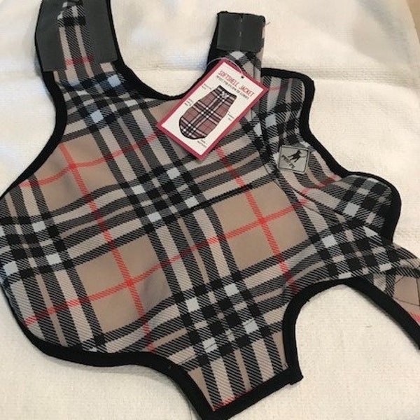 Dog Jacket  Color  Tan Plaid  Size 10"  Only 1 Left and 14" in only1 left) Winter, Rain ,Snow, Wind, Repellent.  SImple Wrap and go Velcro !