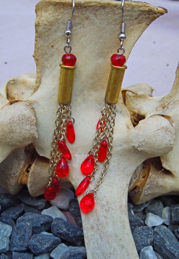 Items similar to Bullet Earrings Red Blood Drop Glass Bead & .22 Shell