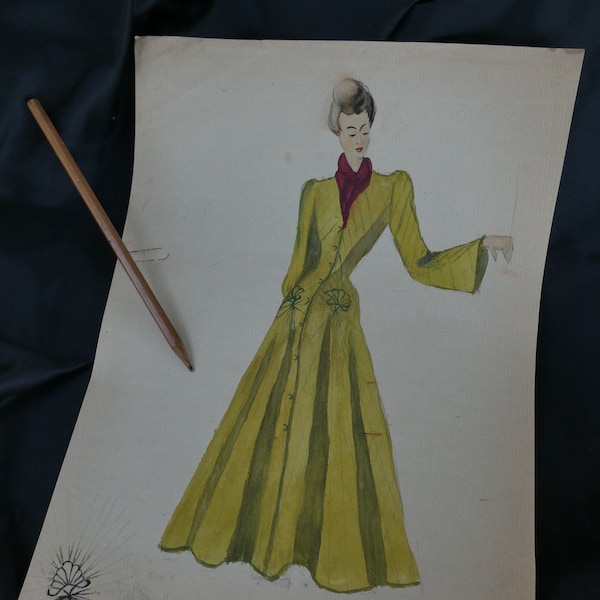 Croquis de conception de robe de mode française originale des années 1950 ou Croquis, crayon et aquarelle, vêtements vintage, Art