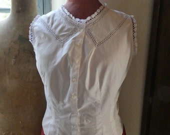 Vintage French White Cotton Long Tailored Camisole, Cache Corset, with Eyelet Lace Decoration, Antique Lingerie