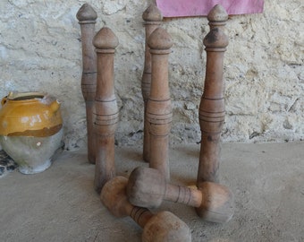 Ensemble rare d’antique 19ème siècle fabriqué à la main Français jeu de bowling en bois de quilles de quilles, décoration de jardin, jouets de cru