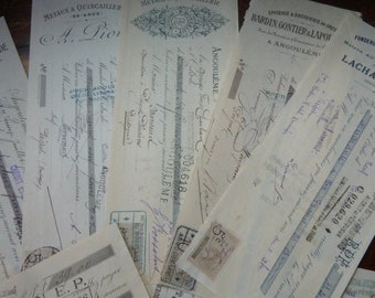 Batch of 12 Original 1800's/early 1990's French Commercial Merchant Receipts, Sepia Ink, Stamps, Graphics, Ephemera, Paper Crafts