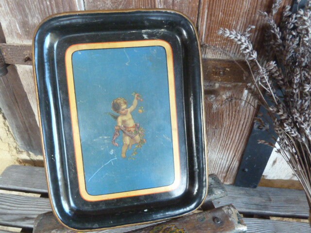 Antique Fin Des Années 1800 Napoléon Iii Français Plateau Toleware avec Cherub Design