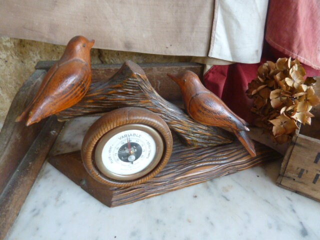 Sweet Black Forest Style Carved Wood Barometer With Perched Birds, Animalia, Treen