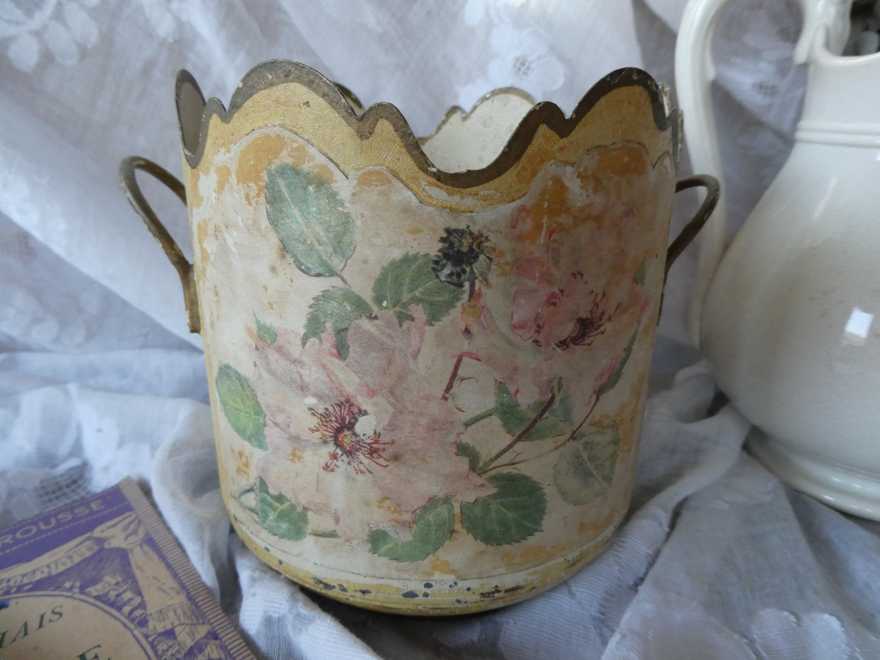 Rare Antique Français Patiné Toleware Monteith Glass Chiller Bowl