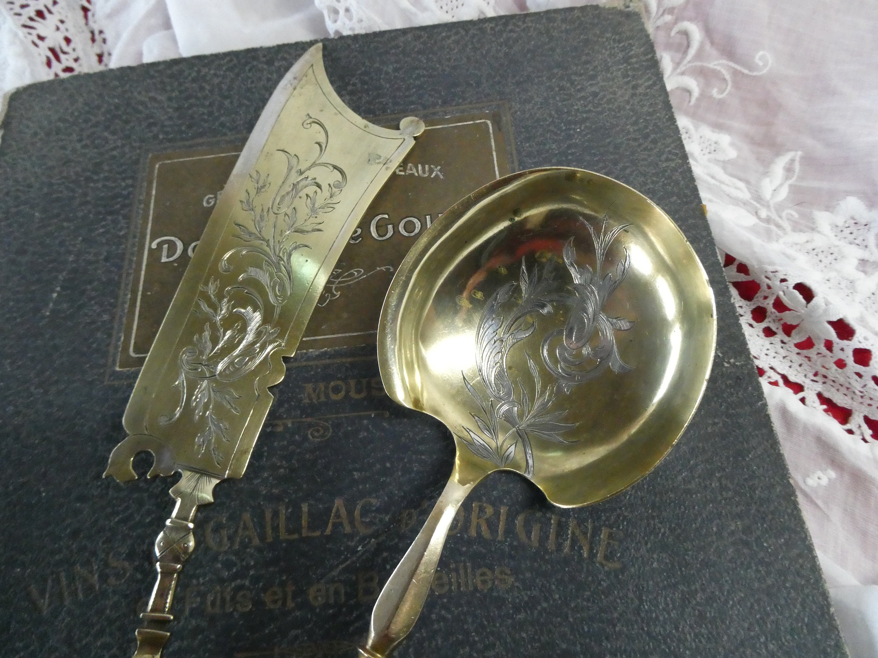 Antique 1900 Français Art Nouveau Silver Handled & Vermeil Patisserie Serving Set, Gateau Slice Crea