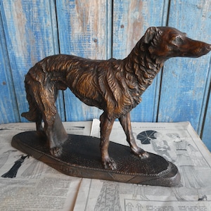 Classic French Art Deco Chalkware Sculpture of a Borzoi Dog, Sultan, Gilt Paint Finish, Period Home Décor