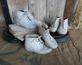 One Pair of Adorable Vintage French White Leather Child's Booties, Brocante Romantic Décor