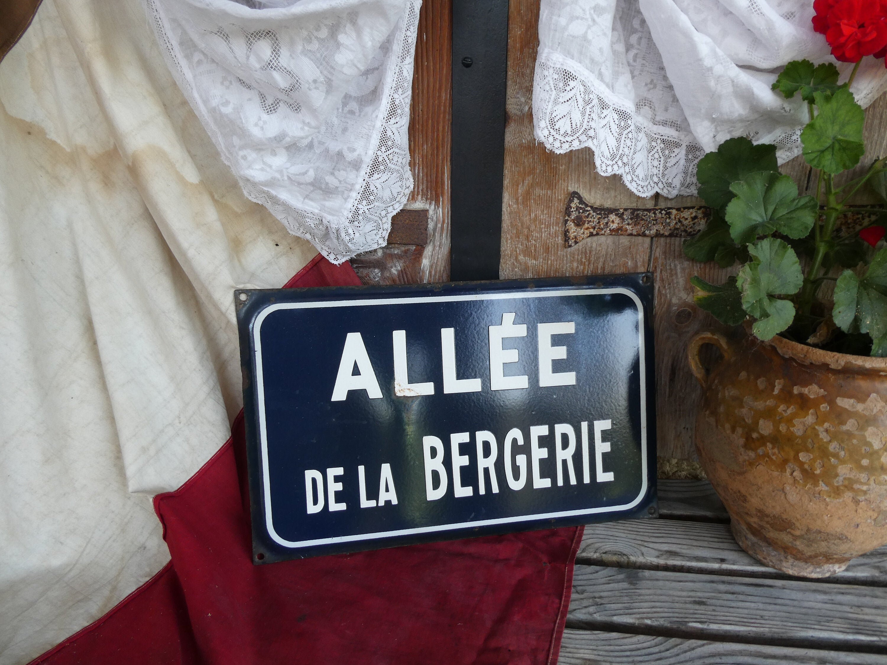 Vintage Français Blue &white Enamel Porcelaine Street Sign, Rare Wording, Allee de La Bergerie, Wall