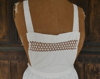 Vintage French Maid's Classic Cross Back White Cotton Apron with Lace Detail