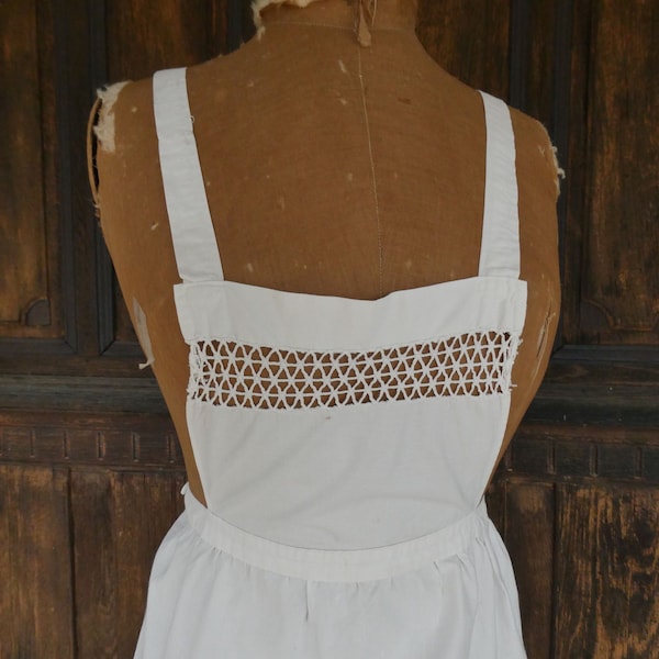 Vintage French Maid's Classic Cross Back White Cotton Apron with Lace Detail