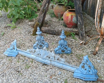 Antique French Cast Iron Enamel Fender and Grid Iron Set