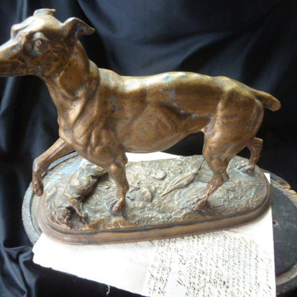 Antique French Spelter Figure Statuary of a Hunting Dog with Gilt Bronzed Finish