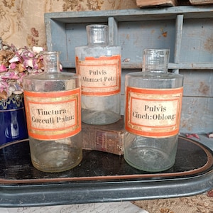 Set of 3 Antique Hand Blown 19thc Storage Bottles from a French Pharmacy Shop, Decorative Brocante