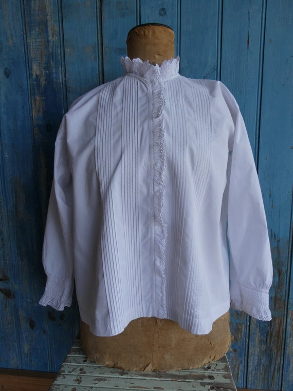 Vintage French Crisp White Cotton Ruffle Chemisie… - image 1