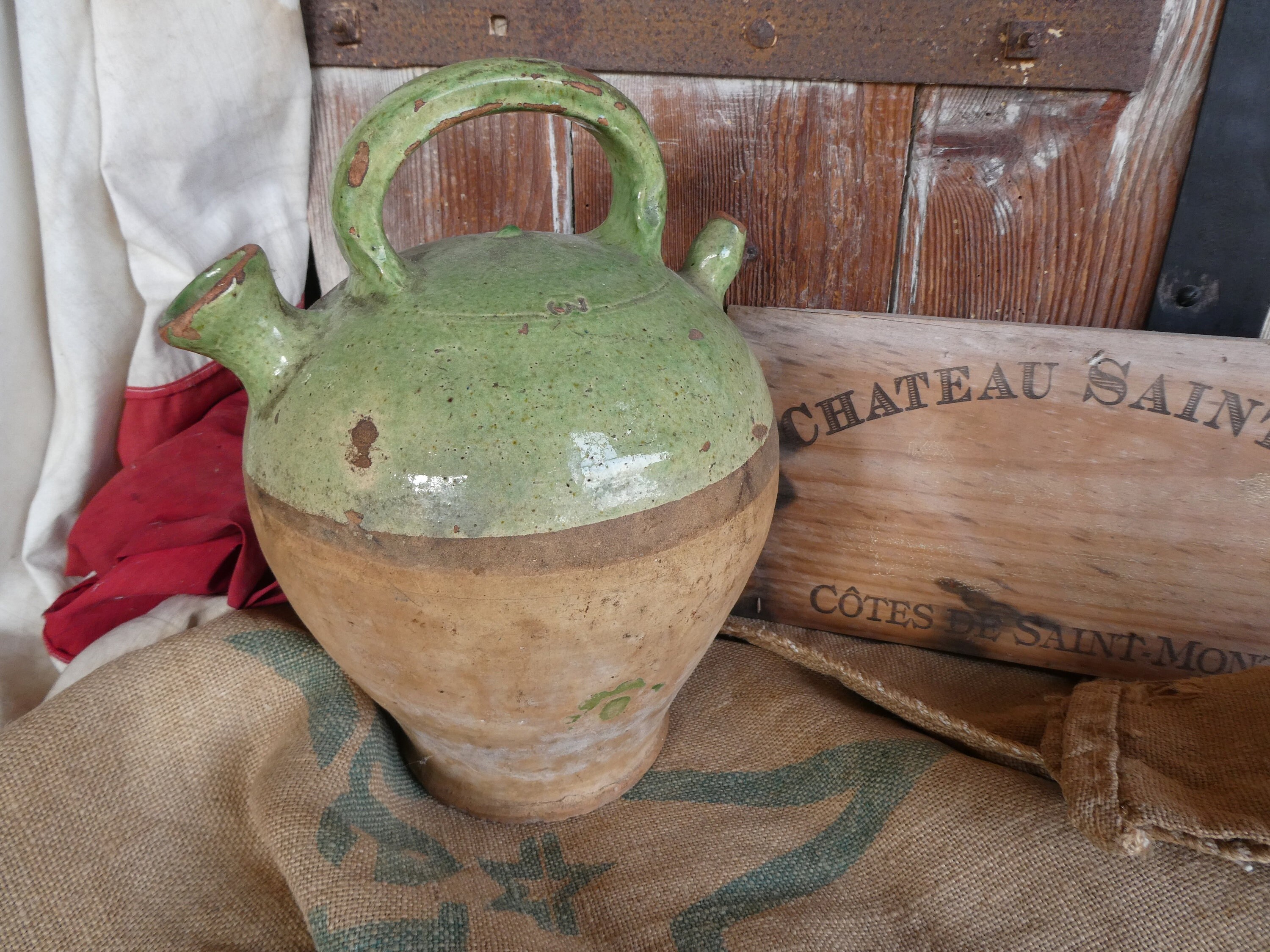 Antique 19Ème Siècle Rustique Français Poterie, Eau, Vinaigre ou Pichet de Stockage Vin avec Glaçure