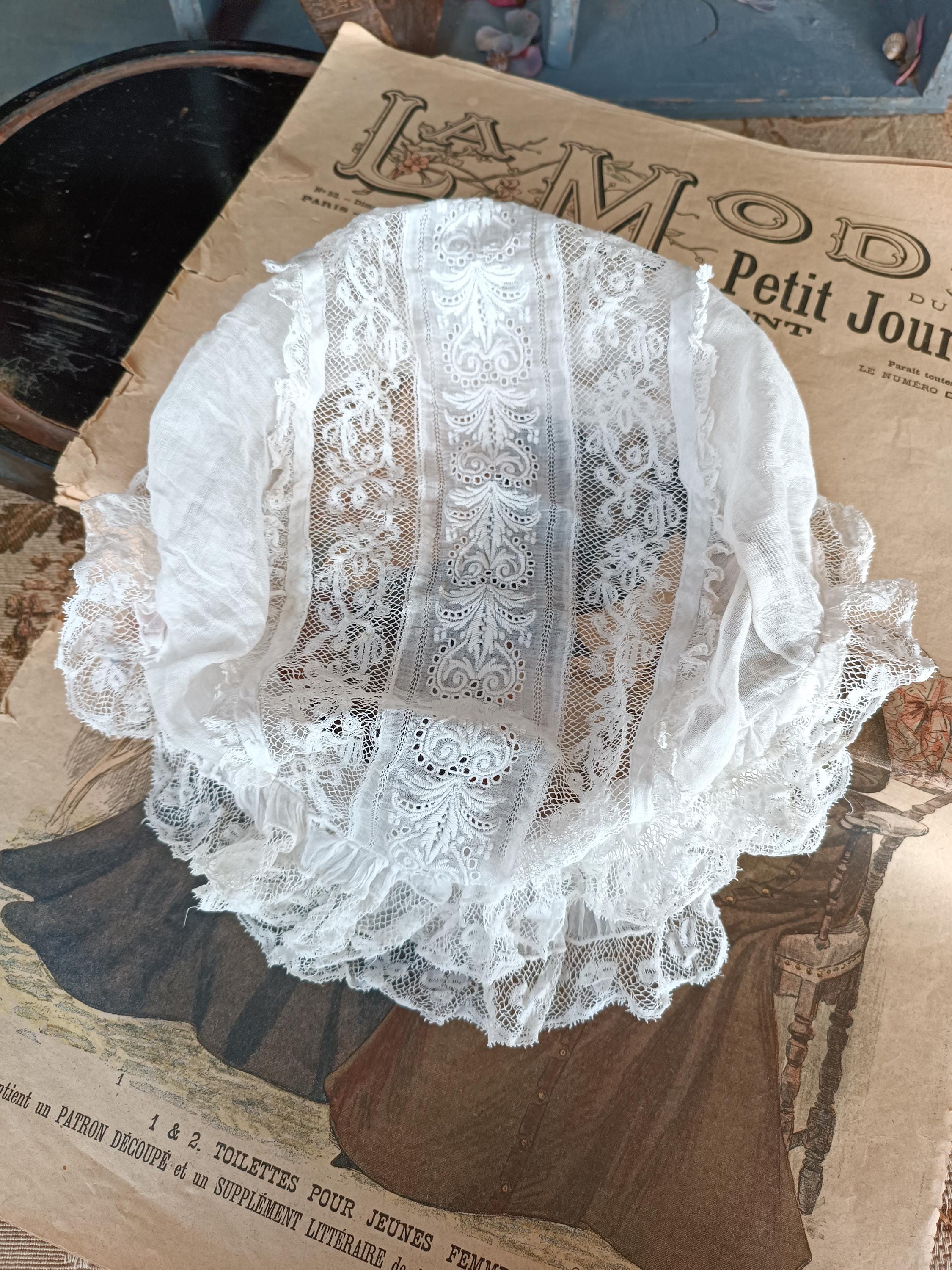 Antique 1800's French Lace Bonnet for a Young Woman or Girl, Embroidered Detail, Historical Clothing, Costume Props, Fancy Dress