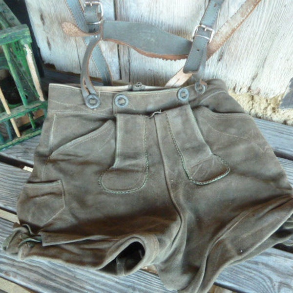 Boy's Vintage Leather Lederhosen Shorts with Stag Embossed Leather Braces, Christmas Holiday Decor, Curio