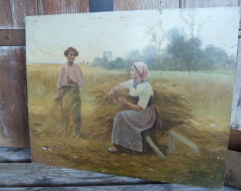 Antique originale vers 1900 Français peinture à l’huile sur le panneau d’une scène pastorale, cueillette de la moisson, beaux-arts, œuvre d’art