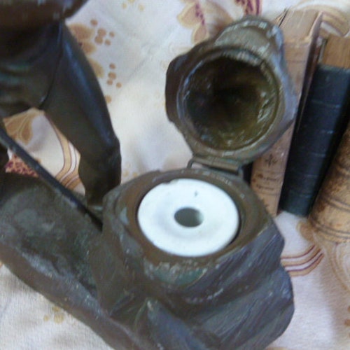 Antique 19th Century French Patinated Spelter Figure Inkwell of a Quarry Man shops Miner